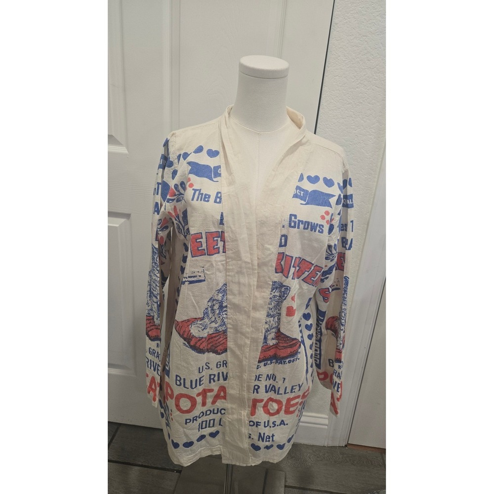 Vintage Sack Bangkok Sweet Kitten Brand Potato Print Open Front Jacket Cream